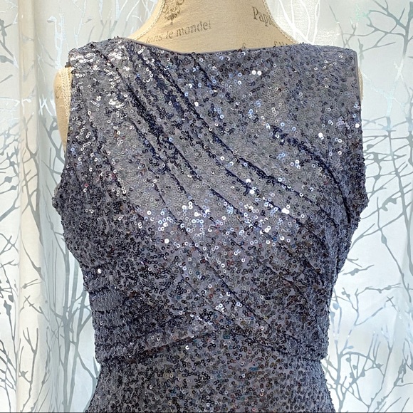 Badgley Mischka blue sequin sleeveless high neck low V open back long gown dress - Picture 7 of 16